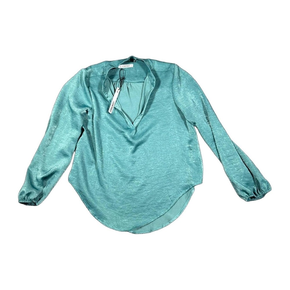 Self Contrast Womens Teal Green Satin Split Neck Long Sleeve Blouse XS NWT